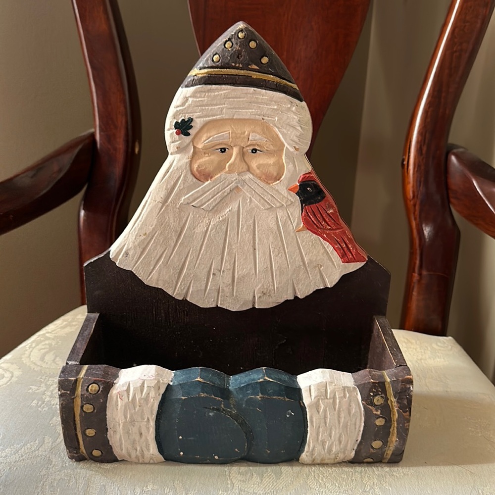 Prinative folk Art hand carved, hand painted wood Santa shelf, box w/cardinal